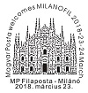A képen a Milanofil 2018 elsőnapi bélyegző látható
