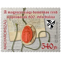A képen a domonkos rend alapításának alkalmából kiadott bélyeg képe látható.