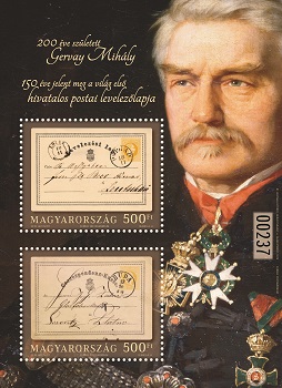 A képen a 200 éve született Gervay Mihály – 150 éve jelent meg a világ első hivatalos postai levelezőlapja blokk látható