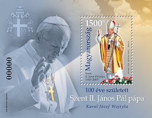 A képen a 100 éve született János Pál pápa bélyeg látható