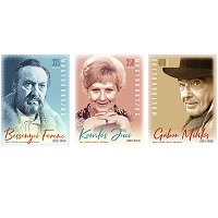 A képen a 100 éve született Bessenyei Ferenc, Komlós Juci és Gábor Miklós bélyegsor látható
