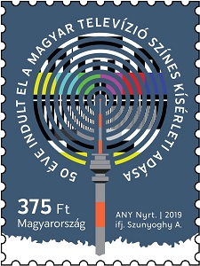 A képen a 50 éve indult el a Magyar Televízió színes kísérleti adása bélyeg látható