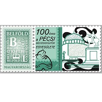A képen a 100 éves A Pécsi Bélyeggyűjtők Egyesülete bélyeg látható