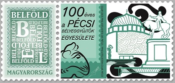A képen a 100 éves A Pécsi Bélyeggyűjtők Egyesülete bélyeg látható
