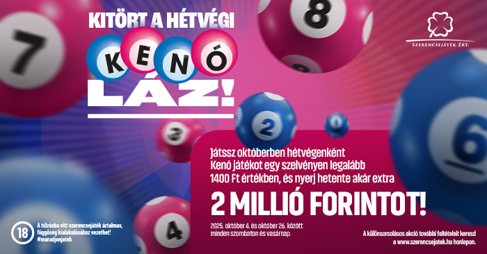Kitört a hétvégi KENÓ láz! Játssz októberben hétvégenként Kenó játékot egy szelvényen legalább 1400 Ft értékben, és nyerj hetente akár 2 millió Ft-ot!