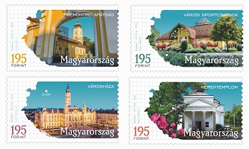 A képen a TÁJAK-VÁROSOK IV.Balatonfüred, Csorna, Győr, Nagyatád bélyegsor látható