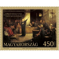 A képen a 450 éve tartották meg a tordai országgyűlést bélyeg látható
