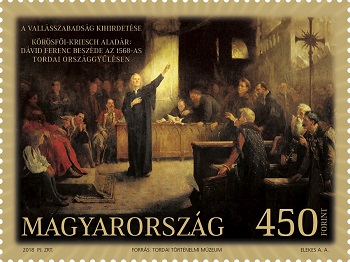 A képen a 450 éve tartották meg a tordai országgyűlést bélyeg látható