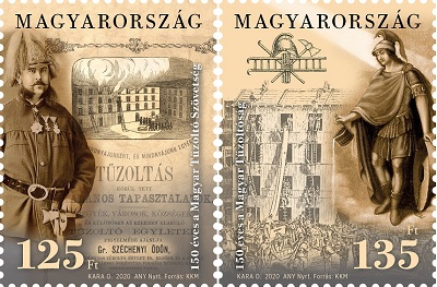 A képen a 150 éves a magyar tűzoltóság és a magyar tűzoltó szövetség bélyegsor látható