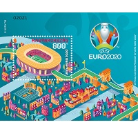 A képen az UEFA EURO 2020 labdarugó EB alkalmából kibocsátott bélyeg képe látható.