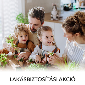 PostaÉdesOtthon - személyre szabott ingatlan- és ingóságbiztosítás: A képen egy boldog család látható egy konyhában, növények virágcserépbe ültetése közben