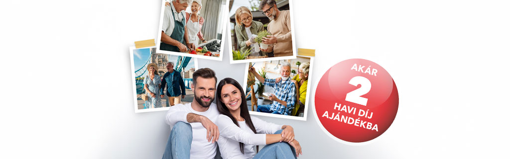 A képen egy mosolygó pár látható, háttérben képek láthatóak, amin idős párok láthatóak.