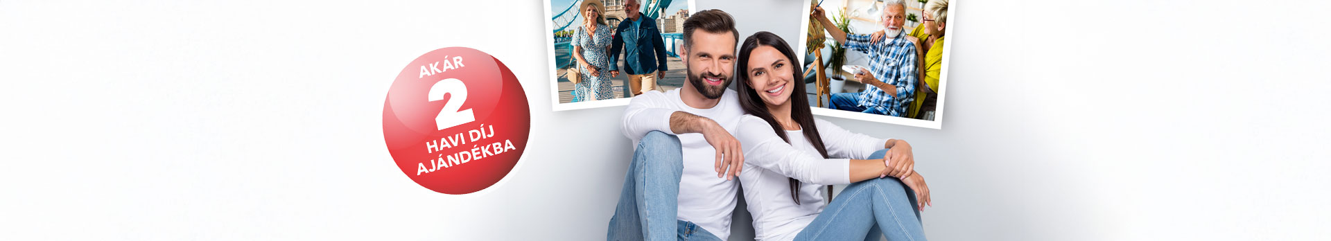 A képen egy mosolygó pár látható, háttérben képek láthatóak, amin idős párok láthatóak.