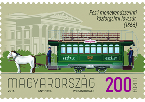A képen a 150 éve indult a pesti menetrendszerinti közforgalmi lóvasút bélyeg látható