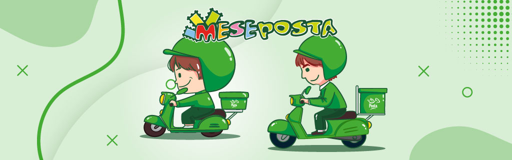 A képen a Meseposta logója és két kisfiú grafikája szerepel postásruhában postaásmotoron