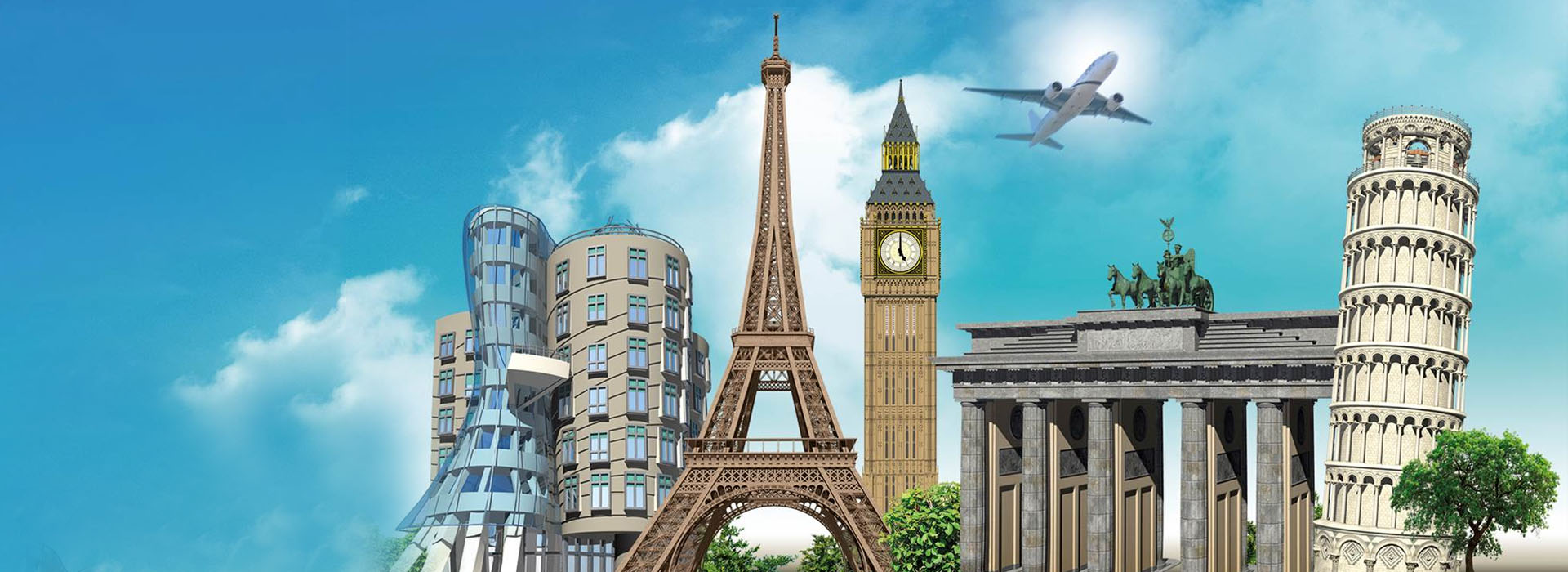 A képen különböző városok híres épületei láthatóak és felettük egy repülő.